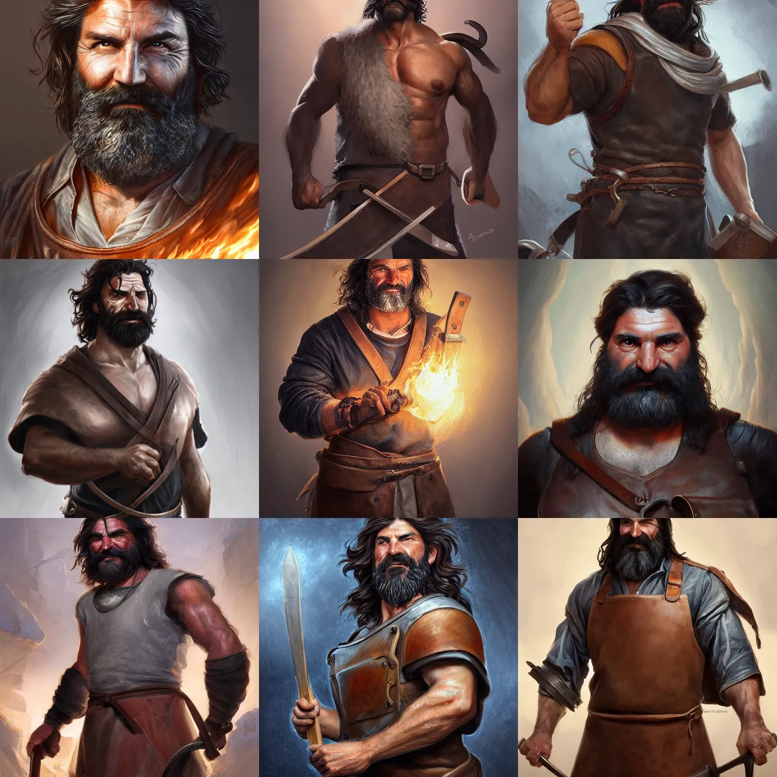 Prompt: hephaestus, sebastien chabal, blacksmith, leather apron, forge, d & d, fantasy, portrait, highly detailed, headshot, digital painting, trending on artstation, concept art, sharp focus, illustration, art by artgerm and greg rutkowski and magali villeneuve