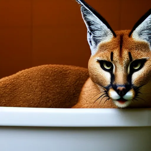 Image similar to caracal, big floppa, sitting in a bathtub, bathroom, Instagram photo, 4K