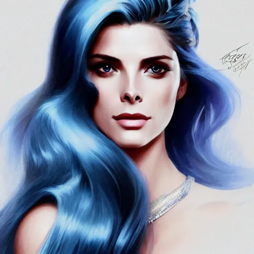 Image similar to Ashley Greene's face combined with Grace Kelly's face with blue hair wearing Final Fantasy Armor, western, D&D, fantasy, intricate, elegant, highly detailed, digital painting, artstation, concept art, matte, sharp focus, illustration, art by Artgerm and Greg Rutkowski and Alphonse Mucha