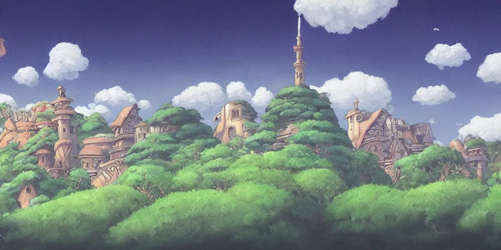 Prompt: a beautiful painting of landscape, mysterious buildings, ghibli style