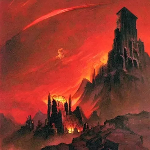 Image similar to an evil fortress, artwork by frank frazetta, red skies with evil glowing eyes