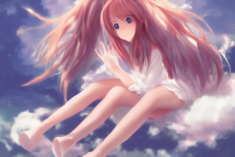 Image similar to a cute anime girl sitting on a cloud, digital painting, anime, portrait