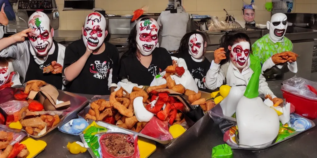 Image similar to cyclops Juggalo coneheads school food fight, detailed facial expressions