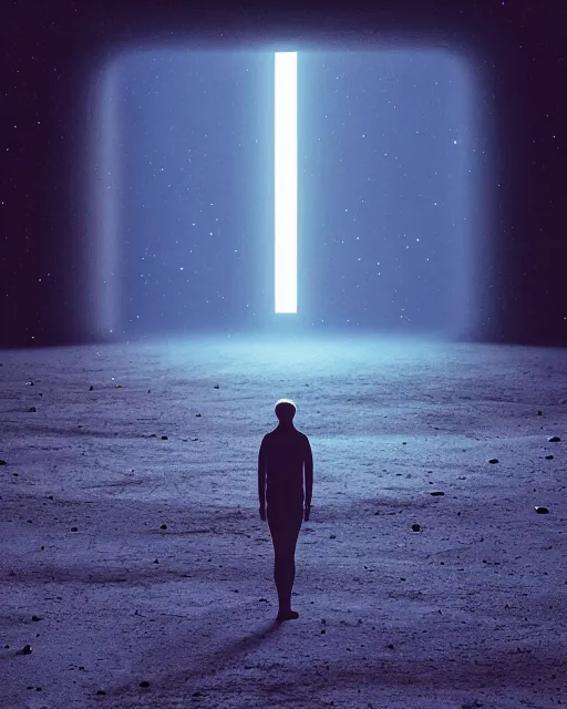 Image similar to a person standing in front of a glowy open door that's on a barren moon, poster art by mike winkelmann, trending on cg society, space art, sci - fi, ue 5, futuristic, volumetric lighting, light casting onto the ground, neat composition and camera angle