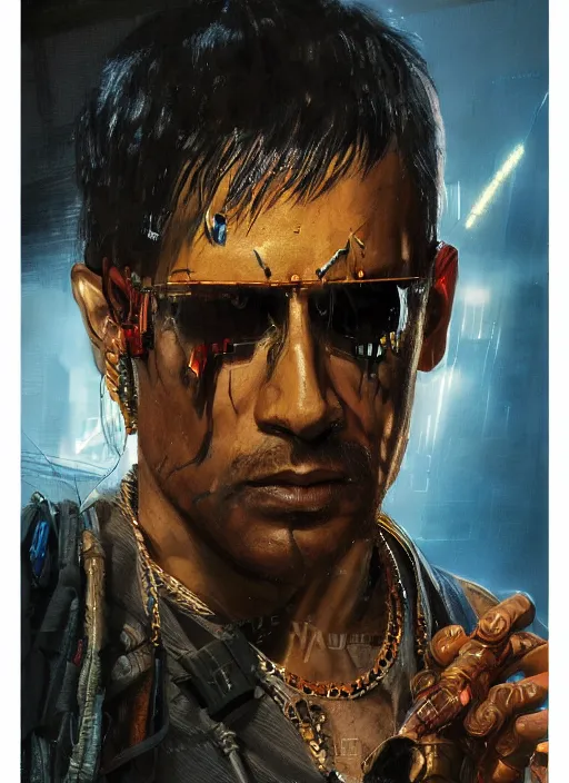 Prompt: cyberpunk military indian man ( blade runner 2 0 4 9, dystopian, cyberpunk 2 0 7 7 character design ), advanced warfare, attractive face. portrait by james gurney and laurie greasley and yoji shinkawa, oil on canvas. cinematic composition, hyper realism, realistic proportions, anatomy, dramatic lighting, photorealistic, high detail, 4 k