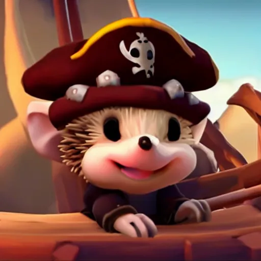 Prompt: cute baby hedgehog in sea of thieves wearing a pirate hat