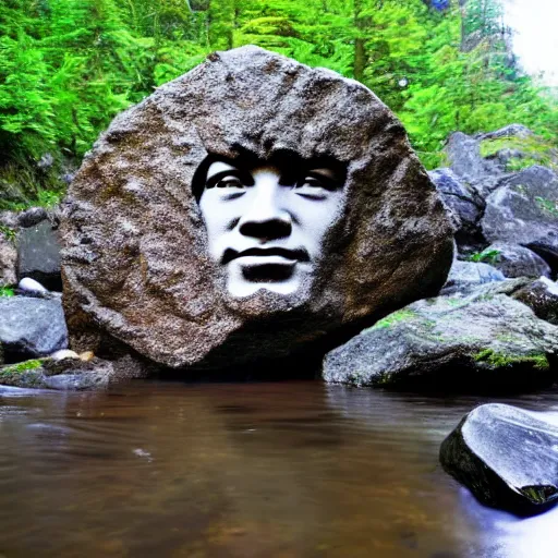 Prompt: A rock sculpture of Bruce Lee hidden in the middle of a mountain stream