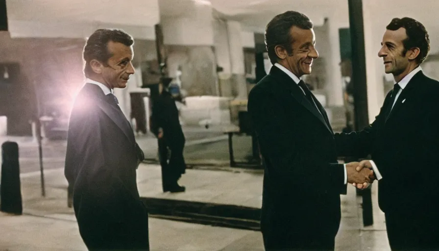 Prompt: 70s movie still of Nicolas Sarkozy and Emmanuel Macron shaking hands , cinestill 800t 18mm heavy grain, cinematic, dramatic dark lighning, brooklyn at night neon boards