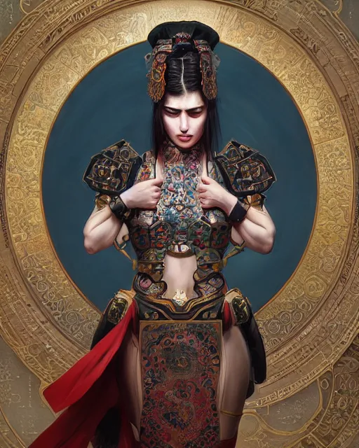 Image similar to portrait of a turkish masculine female cyberpunk machine, machine face, upper half portrait, decorated with ottoman opera motifs, muscular, asian, fine china, wuxia, traditional chinese art, intricate intense elegant, highly detailed symmetry headpiece digital painting artstation concept art smooth sharp focus illustration, art by artgerm and greg rutkowski alphonse mucha 8 k