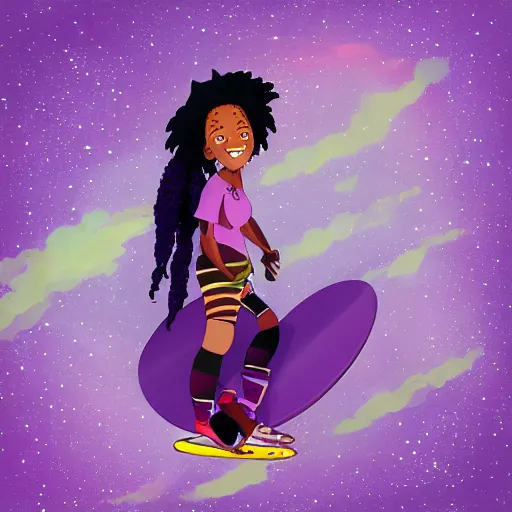 Image similar to black woman with purple dreads longboarding in space in the style of ghibli