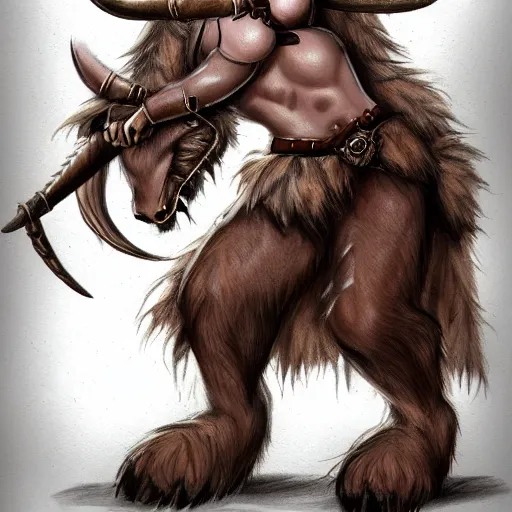 Image similar to cute fantasy drawing of a brown fur female Minotaur warrior with white spots, concept art