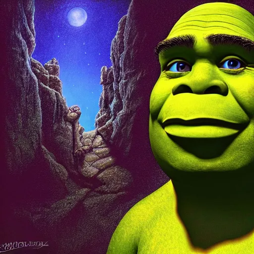 Image similar to photorealistic shrek in the style of michael whelan and gustave dore. hyperdetailed photorealism, 1 0 8 megapixels, fully clothed, lunar themed attire, amazing depth, glowing rich colors, powerful imagery, psychedelic overtones, 3 d finalrender, 3 d shading, cinematic lighting, artstation concept art