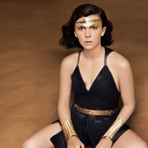 Prompt: Millie Bobby Brown Wonder Woman professional fashion photography