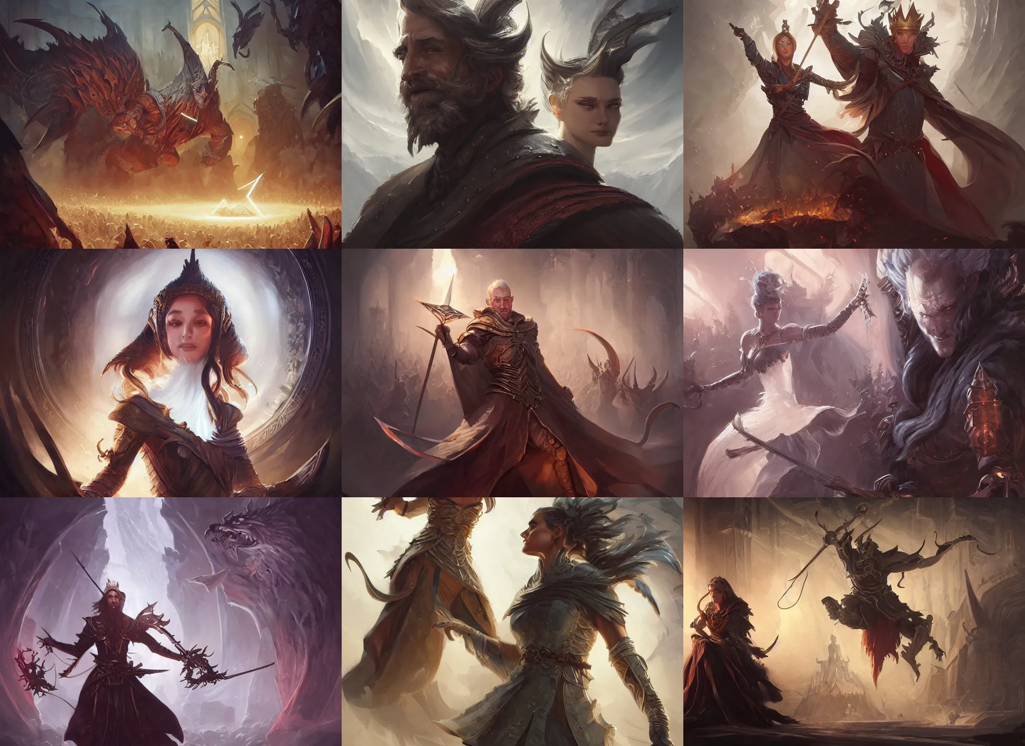 Prompt: kings court rulers spinning spell, d & d, fantasy, portrait, highly detailed, digital painting, trending on artstation, concept art, sharp focus, long shot, illustration, art by artgerm and greg rutkowski and magali villeneuve