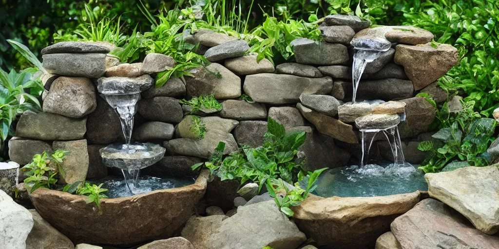 Image similar to award winning stone work waterfall fountain in a lush green backyard, photo
