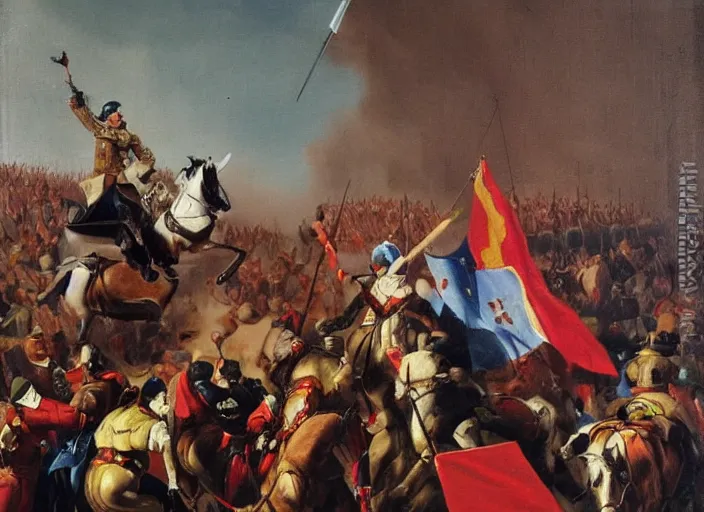 Image similar to a high detail oil painting equestrian image of judge baltasar garzon leading spain and the troops to victory over the moors, raising the spanish flag with his right hand and a sword in his left