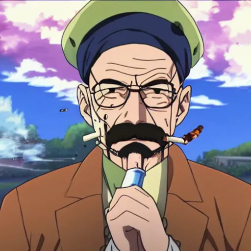 Image similar to walter white smoking a big joint in One Piece Anime Series, 4k Resolution.