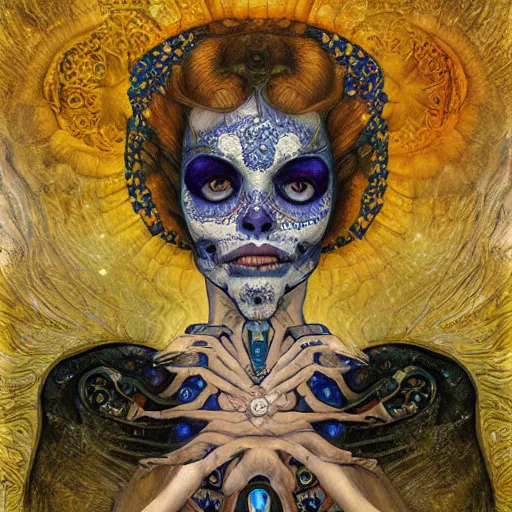 Image similar to Memento Mori by Karol Bak, Jean Deville, Gustav Klimt, and Vincent Van Gogh, beautiful visionary mystical portrait, calavera, otherworldly, fractal structures, ornate gilded medieval icon, third eye, spirals, calavera by Amano