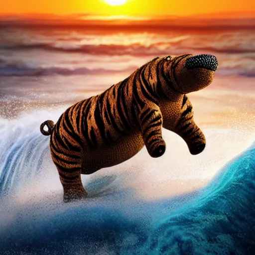 Image similar to a closeup photorealistic photograph of a smiling knitted tiger hippopotamus riding a large wave during sunset. surf in the background. professional capture. brightly lit scene. this 4 k hd image is trending on artstation, featured on behance, well - rendered, extra crisp, features intricate detail, epic composition and the style of unreal engine.