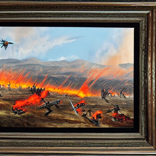 Image similar to Military battle, big explosions in the background, Lake California, Battlefield, war-torn landscape, fire, USAF Bombers, military, Battlezone