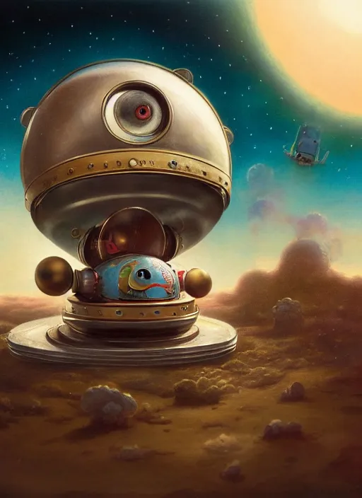 Image similar to highly detailed closeup portrait of a cute tin toy retro saucer spaceship, nicoletta ceccoli, mark ryden, lostfish, earl nore, hyung tae, frank frazetta, global illumination, god rays, detailed and intricate environment