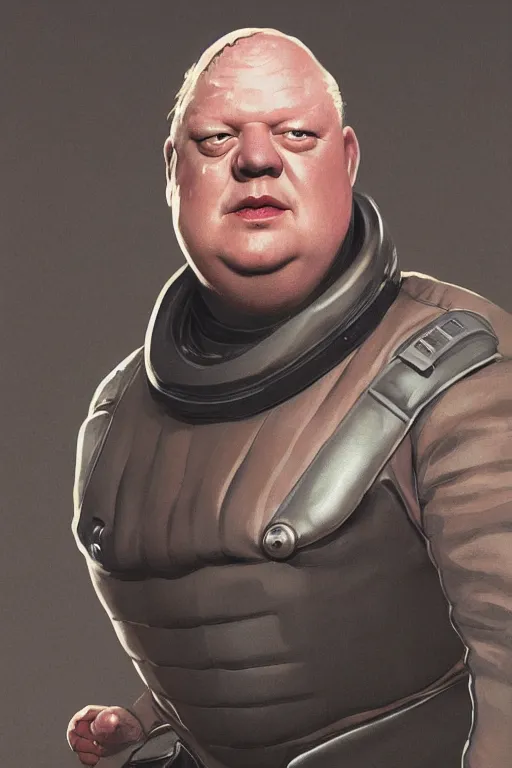 Image similar to upper body portrait of baron harkonnen wearing leather spacesuit, detailed, illustration by normal rockwell, artstation character art, greg rutkowski