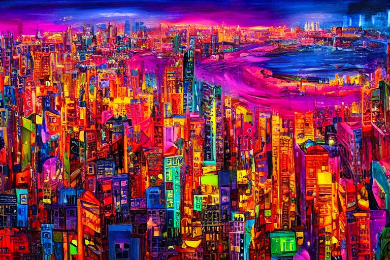 Image similar to surreal colorful nightmarish cityscape