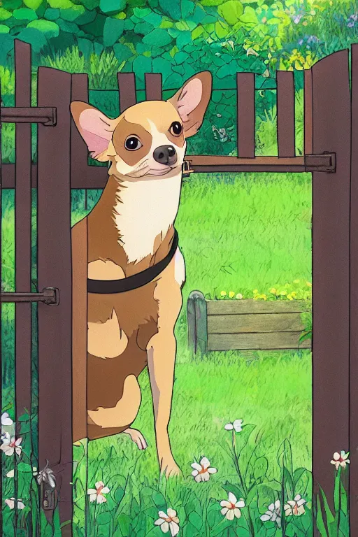 Image similar to A black and tan chihuahua looks through her garden gate, cel shaded cartoon in the style of studio Ghibli, sunny morning, cinematic lighting, summer