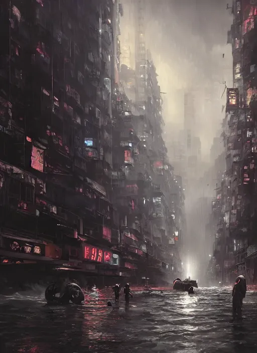 Prompt: dramatic Photorealistic, Matte Painting of a gigantic tall Mobile suit Mech almost filling up a busy post apocalyptic deep flooded Hong Kong city street at night,dark Tall buildings by Greg Rutkowski,Craig Mullins,Hyperrealism,Beautiful dramatic moody lighting,Cinematic Atmosphere,volumetric,Octane Rendering,8K