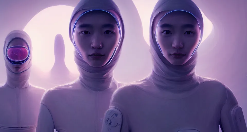 Image similar to portrait of yael shelbia and kang seul - gi, venus squid astronaut, burka, symetrical facial, white hair, intricate design details. cyberpunk, touareg, by ruan jia and beeple. smooth gradients, deep space.