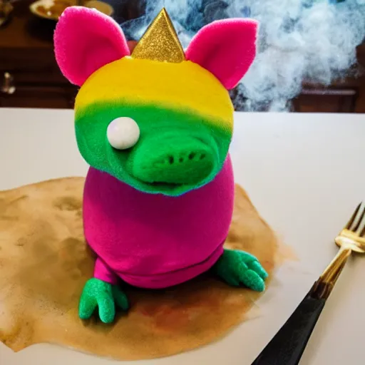 Image similar to rainbow pig wearing a gold crown as a Muppet cooking dinner 8k