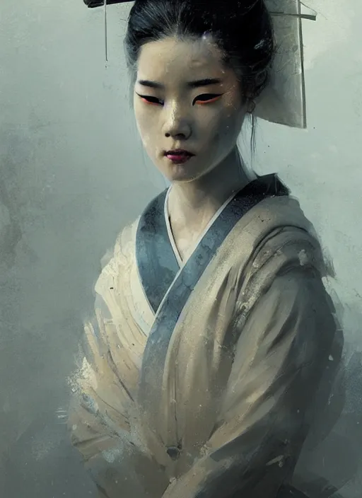 Image similar to female geisha girl, beautiful face, rule of thirds, intricate outfit, spotlight, by greg rutkowski, by jeremy mann, digital painting