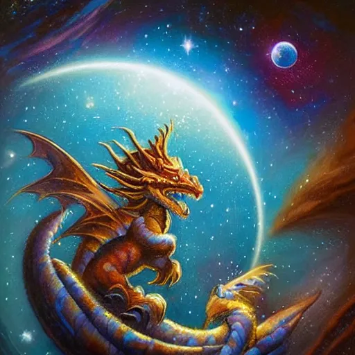 Prompt: A beautiful performance art of a dragon in space by Justin Gerard. The dragon is in the foreground with its mouth open, revealing rows of sharp teeth. Its body is coiled and ready to strike, and its tail is wrapped around a star in the background. The colors are bright and the background is full of stars and galaxies. The overall effect is one of chaotic energy and movement. french rose by Peter Wileman, by Raphael Lacoste elaborate