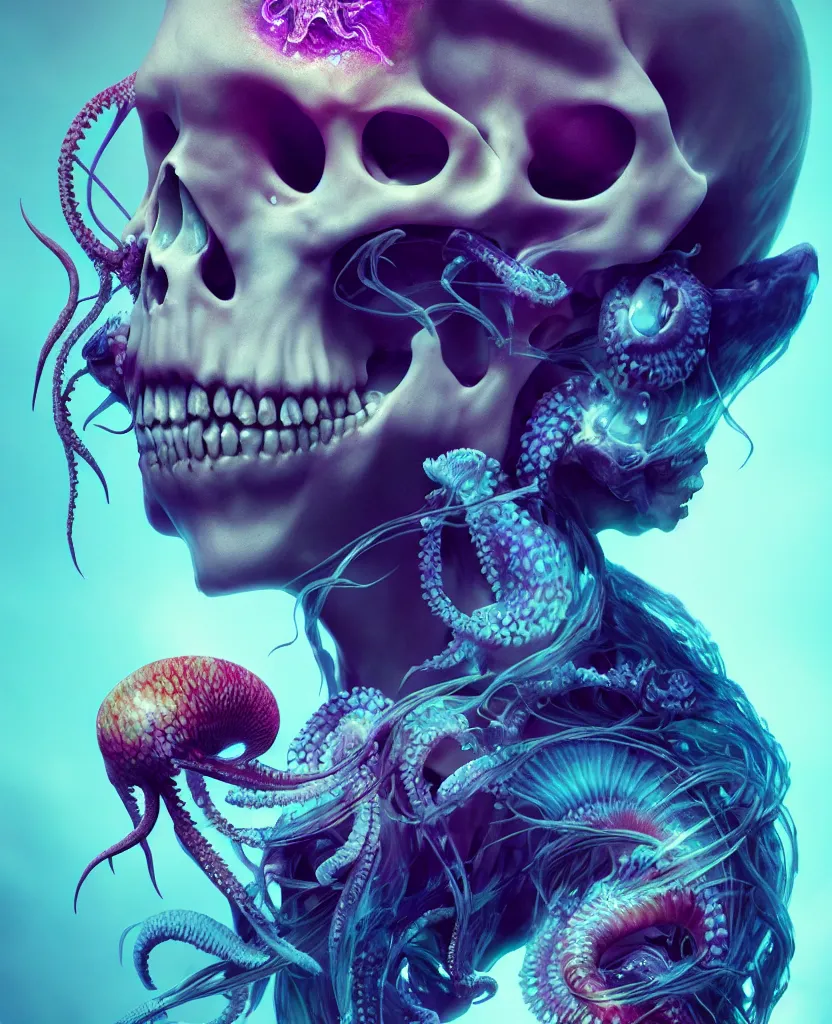 Image similar to goddess close - up portrait human skull, ram skull, squid phoenix jellyfish, orchid, betta fish, bioluminiscent, intricate artwork by tooth wu and wlop and beeple. octane render, trending on artstation, greg rutkowski very coherent symmetrical artwork. cinematic, hyper realism, high detail, octane render, 8 k