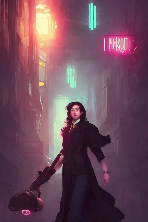 Prompt: Harry Potter in cyberpunk, implants, neon lighting, digital art from artstation by Ruan Jia and Mandy Jurgens and Artgerm and william-adolphe bouguereau and Greg Rutkowski