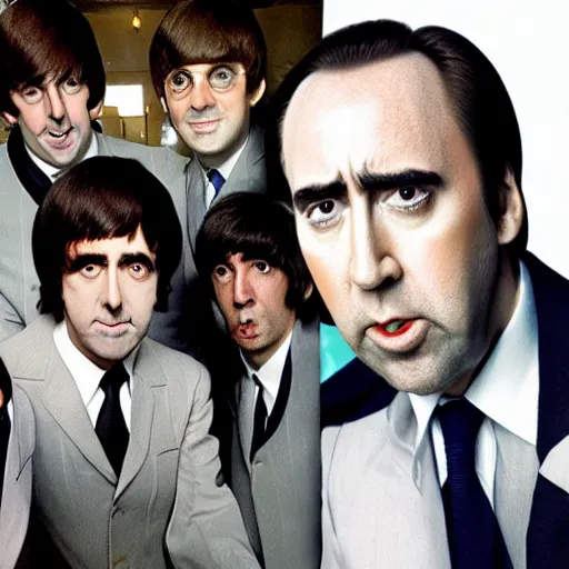 Image similar to nic cage superimposed into a photo as the fifth beatle