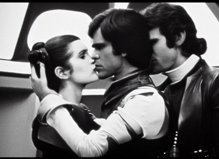 Image similar to screenshot of Han Solo dressed up as an imperial officer kissing Princess Leia Organa, iconic scene from 1970s Star Wars film directed by Stanley Kubrick, in a sci fi shipping port, last jedi, 4k HD, cinematic still frame, photoreal, beautiful portraits, moody lighting, stunning cinematography, lens flare, anamorphic lenses, kodak color film stock