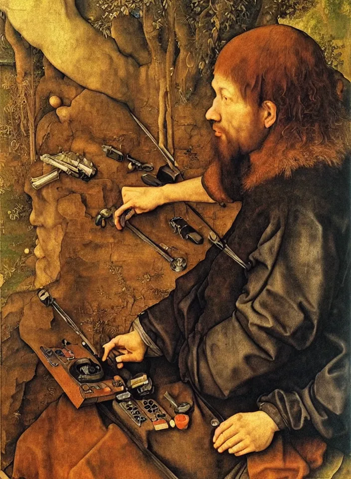 Image similar to Portrait of a man playing video games. Painting by Albrecht Dürer. Intricate details. hyper realism. Masterpiece.