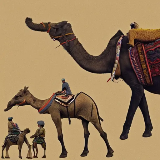 Image similar to a horse riding a camel riding a elephant riding a donkey riding a dog riding a snail