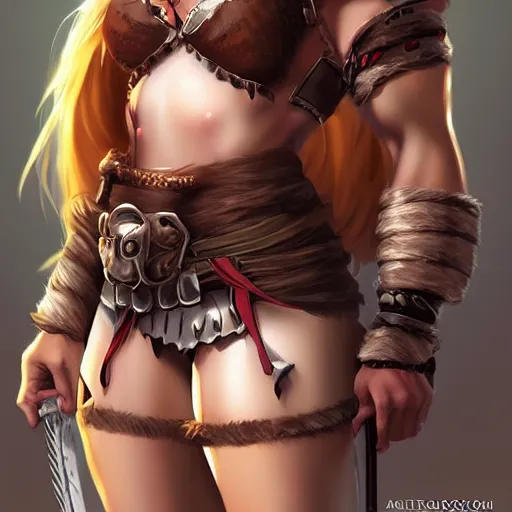 Image similar to very beautiful female barbarian, smiling, flirty, eye contact, perfect face, perfect body, drawn by artgerm