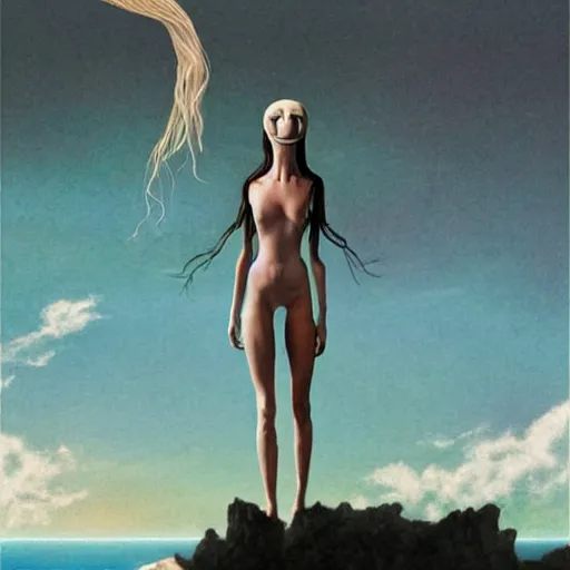 Prompt: A beautiful collage of a human-like creature with long, stringy hair. The figure has no eyes, only a mouth with long, sharp teeth. The creature is standing on a cliff overlooking a dark, foreboding sea. anime, formicapunk by John Anster Fitzgerald, by Storm Thorgerson lavish