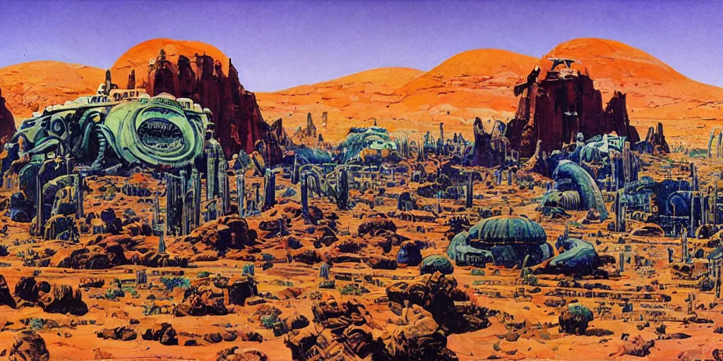 Prompt: incredible desert colony landscape on an alien planet, lush, by Robert McCall