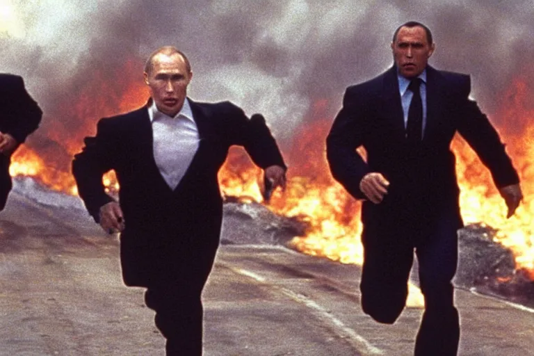 Prompt: film still, energetic long shot, tilted frame, some motion blur, of Vladimur Putin running away from an explosion, from the movie The Rock (1996), promotional photo