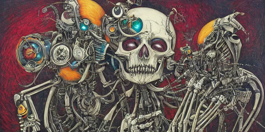 Image similar to a beautiful painting of robot by aaron horkey, trending on artstation, skeleton, colorful