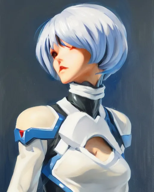 Image similar to greg manchess anime style portrait painting of rei ayanami as an overwatch character, medium shot, asymmetrical, profile picture, organic painting, sunny day, matte painting, bold shapes, hard edges, street art, trending on artstation, by huang guangjian and gil elvgren and sachin teng