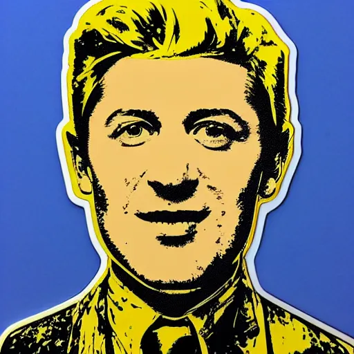 Prompt: vladimir zelenskiy. face like in his photographs. intricate sticker design by andy warhol
