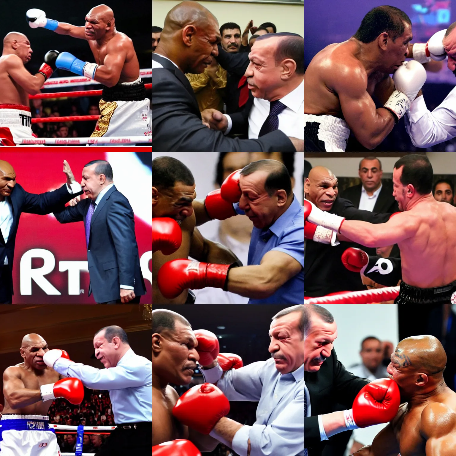 Image similar to mike tyson punching recep tayyip erdogan, hd, both faces visible