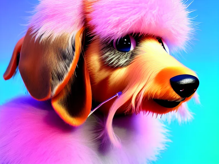 Image similar to high quality 3 d render hyperrealist very cute fluffy dachshund dog, plush mascot, long spiky fluffy smooth hair, photo from the side, multi pastel colors, vray, smooth background, artstation, ultra detailed