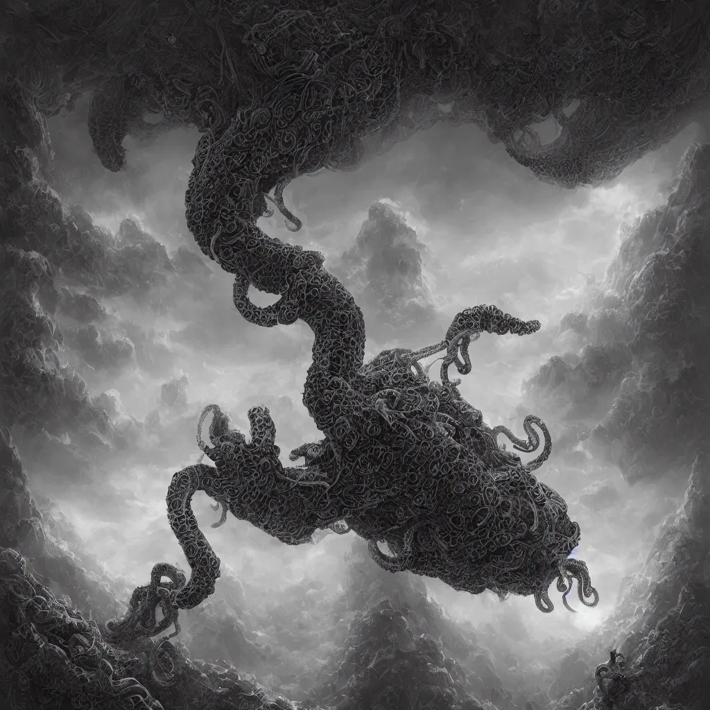 Prompt: epic hyperdetailed portrait of 🐙🕷 lurking in above the clouds, by nicholas delort, highly detailed matte painting, digital painting, artstation, concept art, smooth, graphic black and white. intricate, elegant.