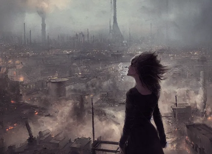 Prompt: mysterious sad girl wrapped in smoke observing a big industrial city metropoli in the distance, cloudy sky, by greg rutkowski